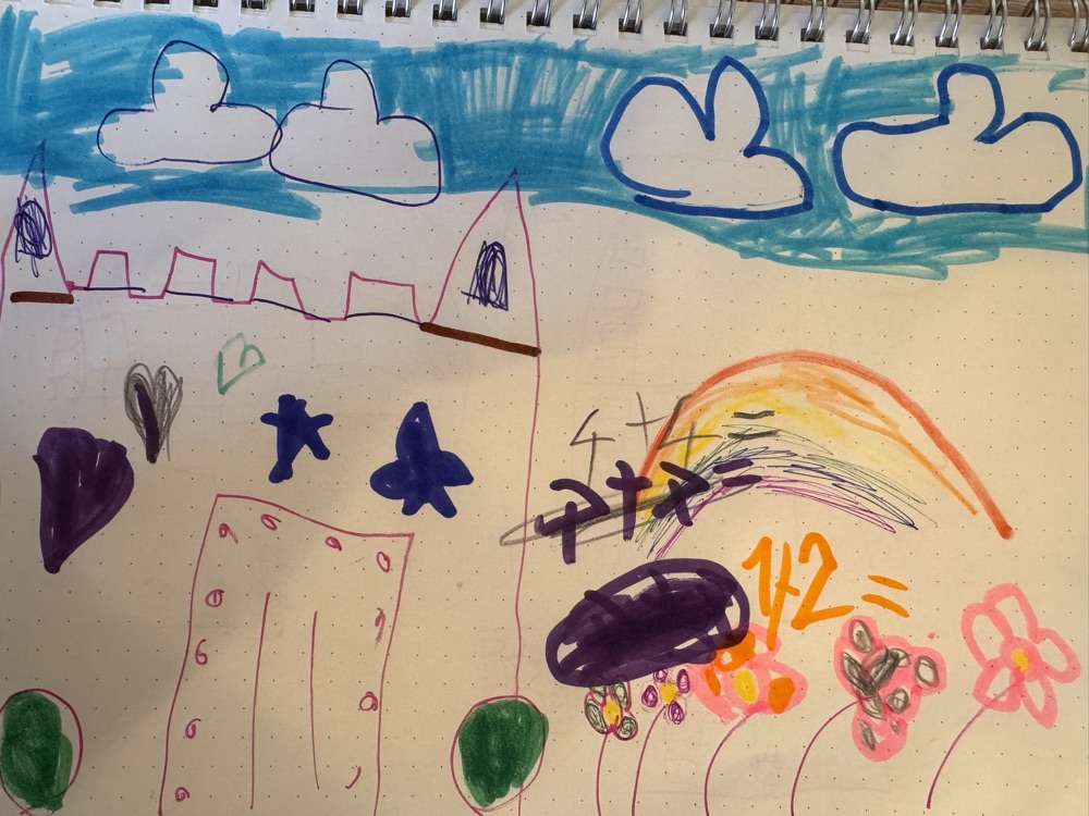 Le dessin original : un château, un arc-en-ciel et le calcul 4 + 4